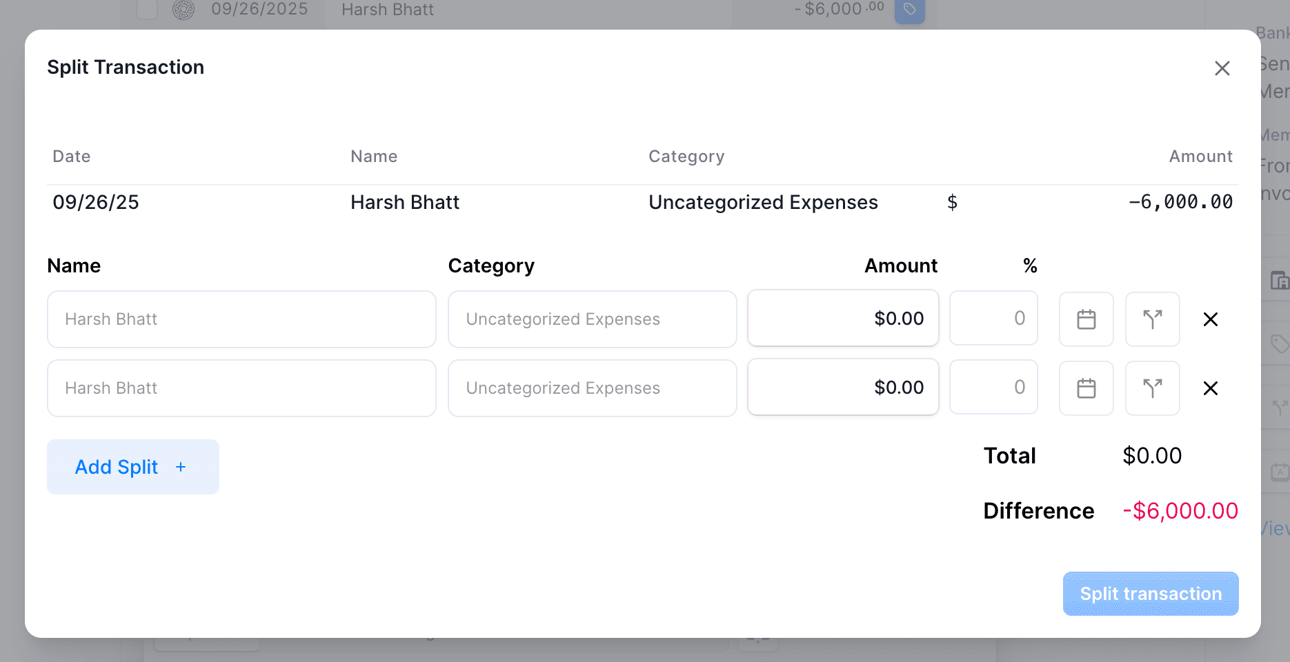 The original split transaction form with an outstanding difference