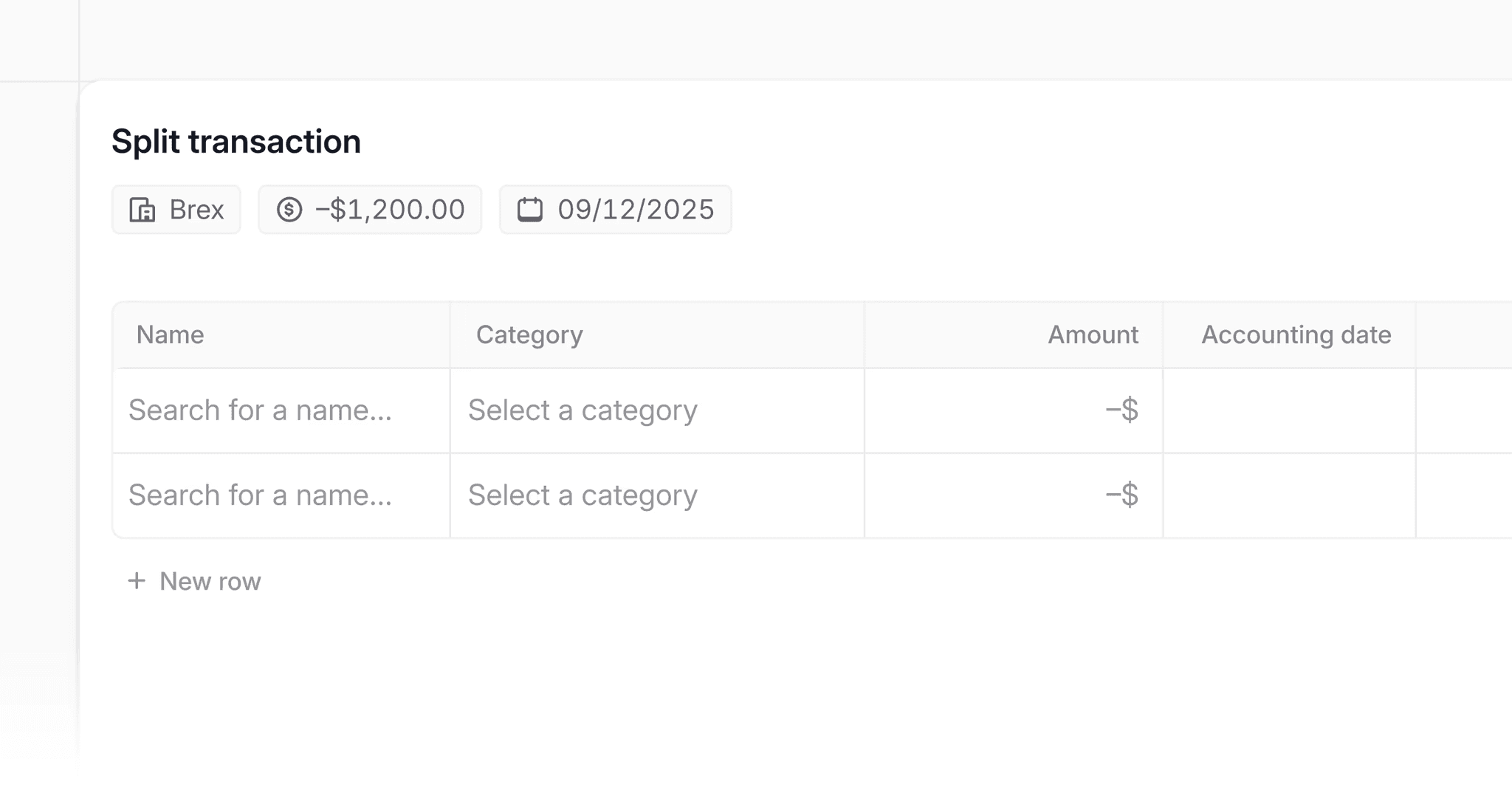 A split transaction table showing placeholders only in required fields