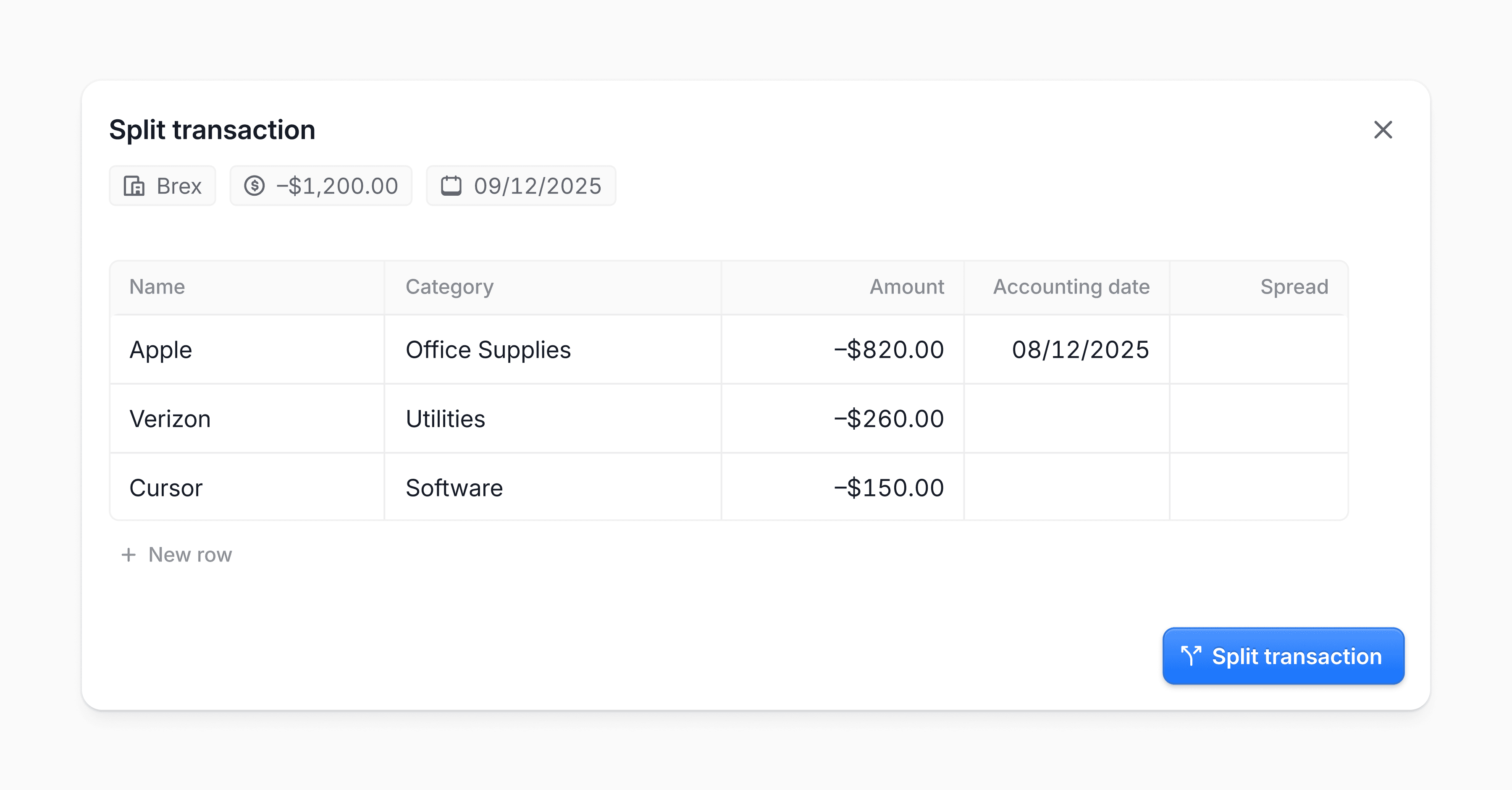 A split transaction table with three categorized expenses